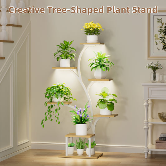 Plant Stand Indoor with Grow Lights, 7 Tiered Indoor Plant Shelf, 49" Corner Plant Stands for Indoor Plants, Metal Plant Flower Display Shelf, Tree-Shaped Plant Rack for Home, Patio, Black - BECOKOME