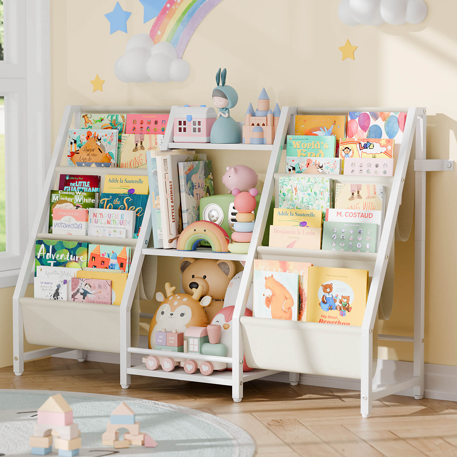 Kids Bookshelf Toy Storage Organizer - Book Shelf for Kids Rooms, 2 Sides Children Bookcase with 3 Tired Toy Storage Organizer, White Toddler Baby Bookshelf Book Shelves for Bedroom Nursery Playroom - BECOKOME