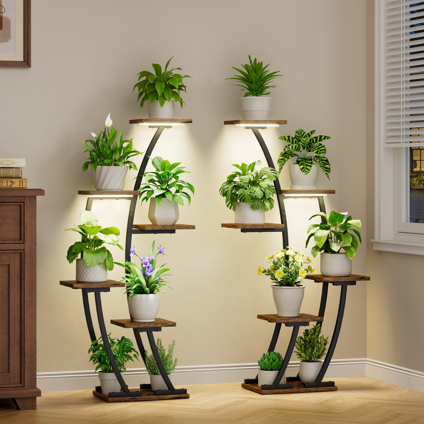 Plant Stand Indoor with Grow Lights, Plant Shelf Indoor 2 Pack, Corner Plant Stands for Indoor Plants, 6 Tiered Plant Flower Display Shelf, Half-Moon Plant Rack for Home, Living Room, Black - BECOKOME
