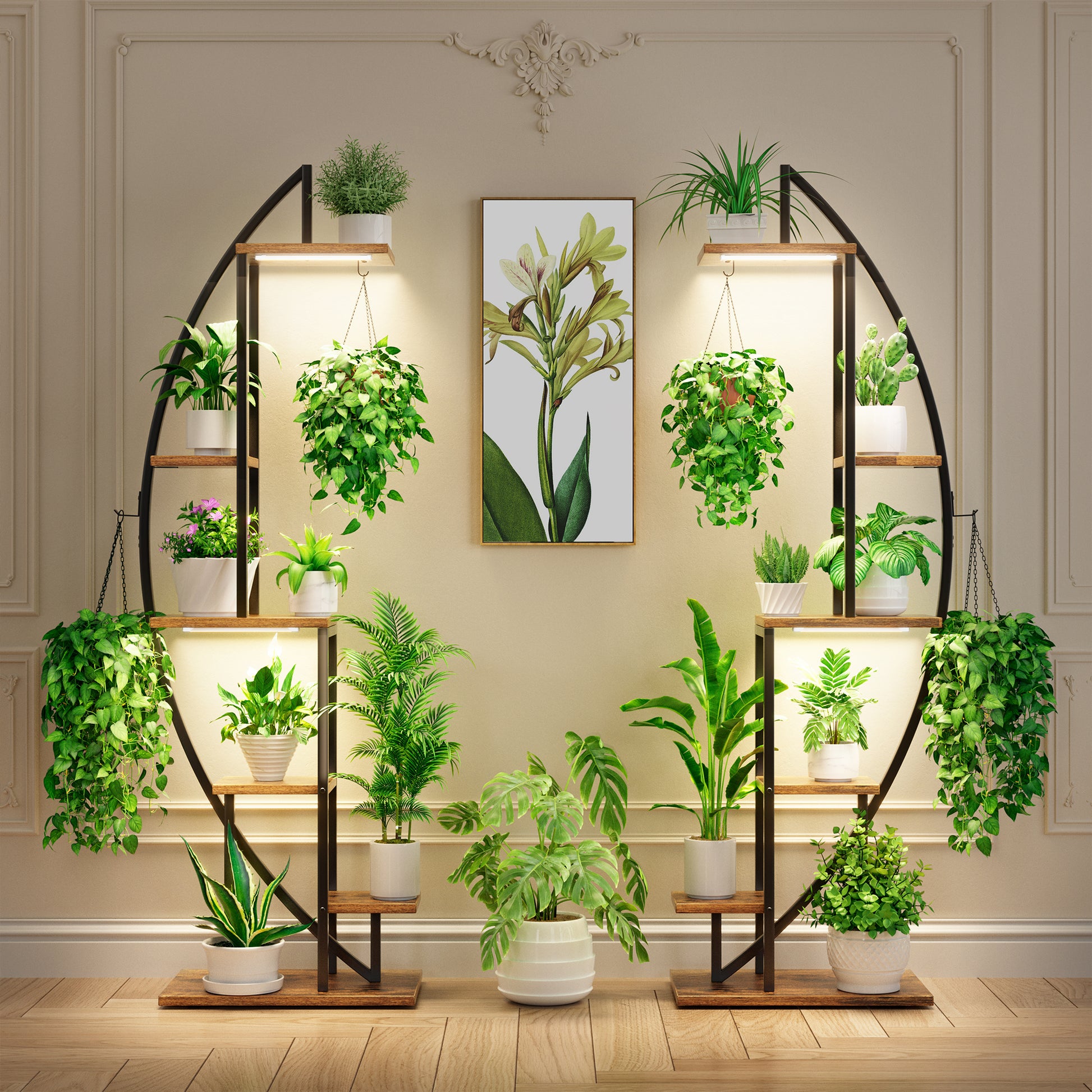 BECOKOME Plant Stand Indoor with Grow Lights, 63" Tall 6-Tiered Lighted Plant Shelf, 2 Pack Metal Corner Plant Holder, Curved Flower Display Stand - BECOKOME