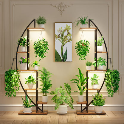 BECOKOME Plant Stand Indoor with Grow Lights, 63" Tall 6-Tiered Lighted Plant Shelf, 2 Pack Metal Corner Plant Holder, Curved Flower Display Stand - BECOKOME