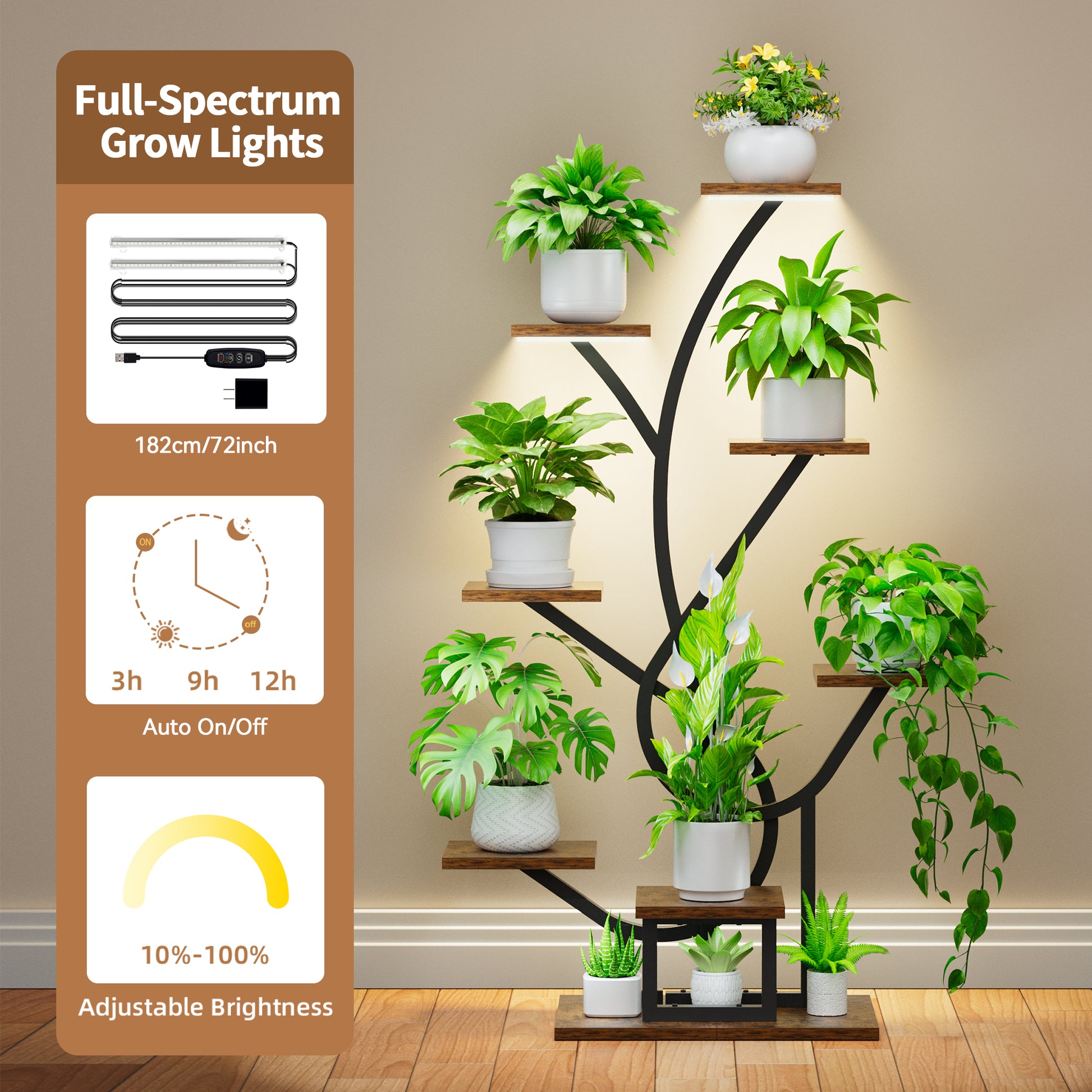 Plant Stand Indoor with Grow Lights, 50" Corner 8 Tiered Display Shelf - BECOKOME