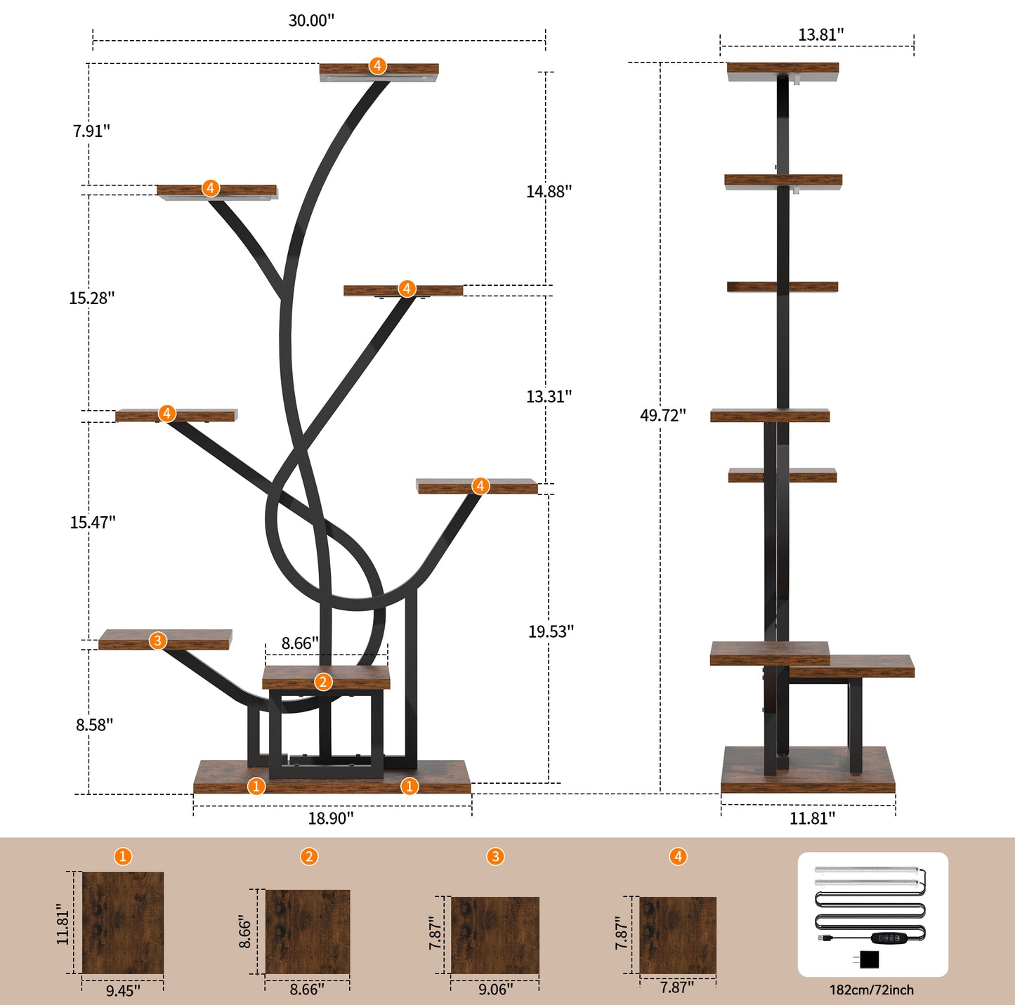Plant Stand Indoor with Grow Lights, 50" Corner 8 Tiered Display Shelf - BECOKOME