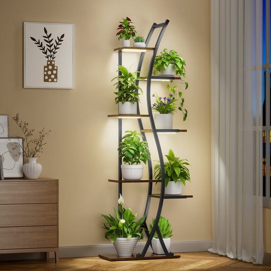 Plant Stand Indoor with Grow Lights - 7 Tiered Tall Metal Plant Shelf - Corner Wooden Plant Stand for Indoor Plants Multiple, Large S-Shape Flower Rack Holder for Living Room, Garden, Patio Decor - BECOKOME
