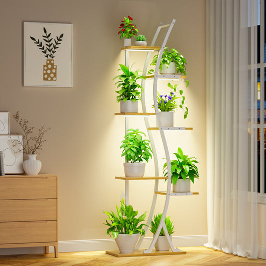 Plant Stand Indoor with Grow Lights - 7 Tiered Tall Metal Plant Shelf - Corner Wooden Plant Stand for Indoor Plants Multiple, Large S-Shape Flower Rack Holder for Living Room, Garden, Patio Decor - BECOKOME