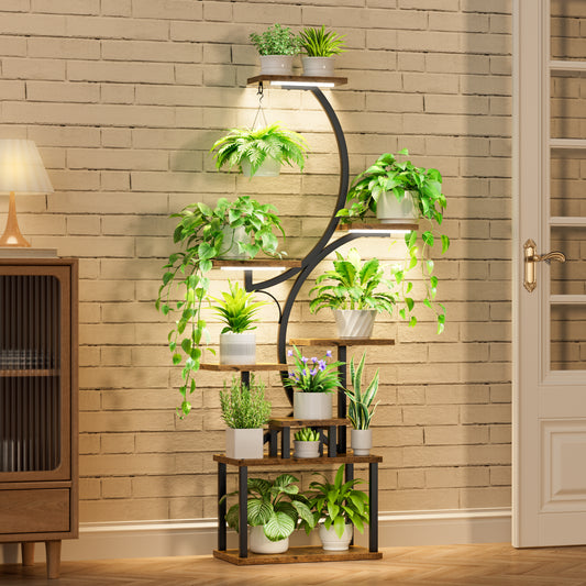 BECOKOME Plant Stand Indoor with Grow Lights, 44" Tall 7-Tier Lighted Plant Shelf, S-Shaped Flower Display Stand - BECOKOME