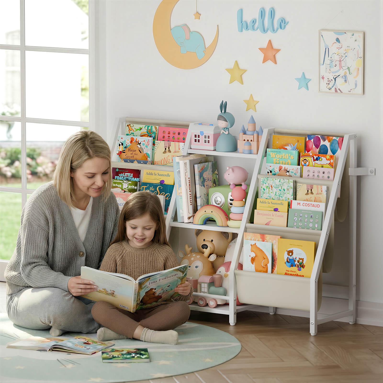 Kids Bookshelf Toy Storage Organizer - Book Shelf for Kids Rooms, 2 Sides Children Bookcase with 3 Tired Toy Storage Organizer, White Toddler Baby Bookshelf Book Shelves for Bedroom Nursery Playroom - BECOKOME