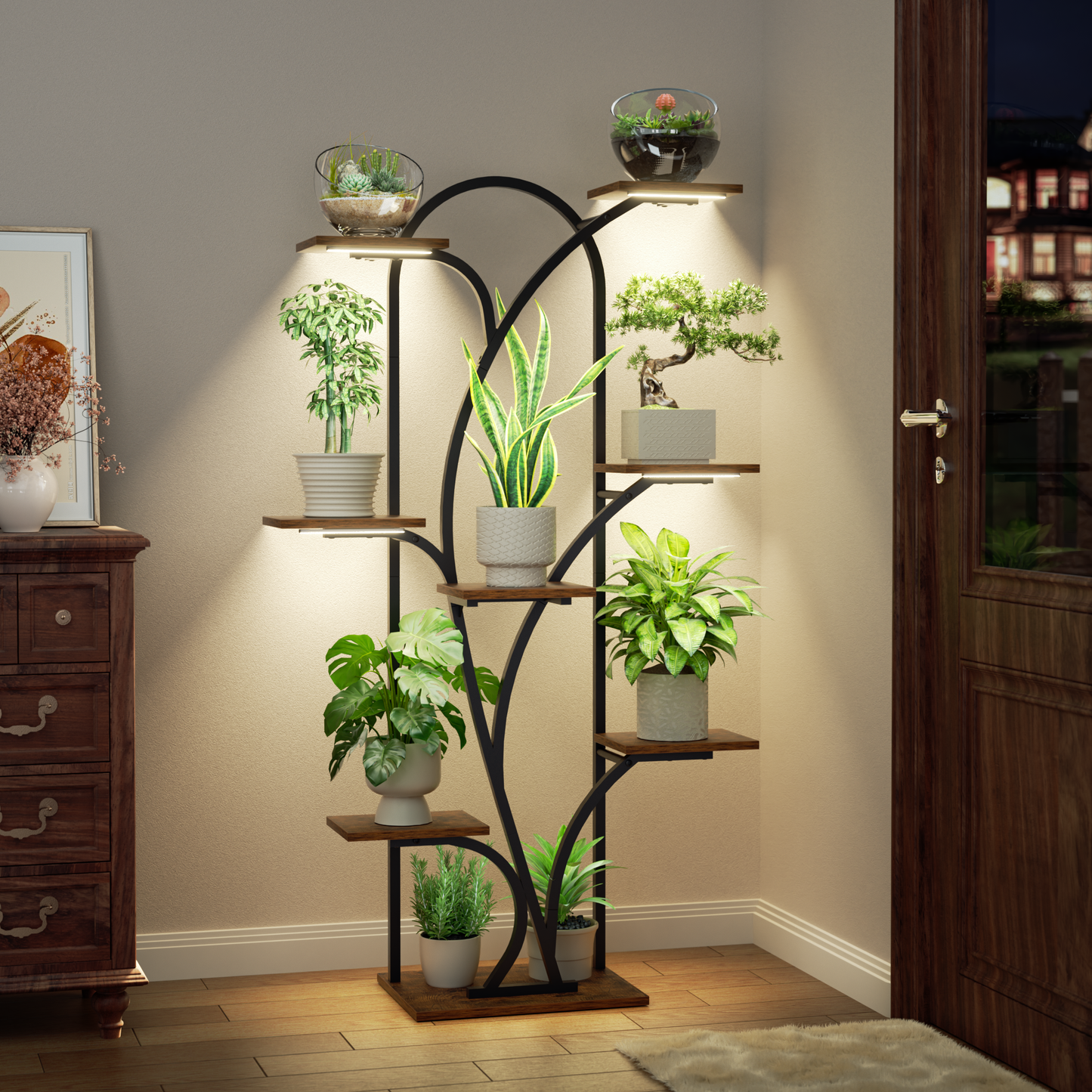 POZILAN Plant Stand Indoor with Grow Light, 55.6" Corner Plant Shelf Indoor, 8 Tiered Tall Plant Stands for Indoor Plants Display Rack Holder, Flower Stand for Balcony, Living Room, Patio - BECOKOME