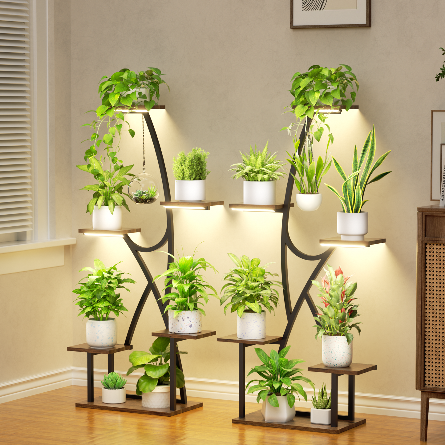 BECOKOME 6 Tier Tall Corner Plant Stand Indoor 2 Pack Metal Plant Shelf with 2 Hooks Plant Rack Display Holder for Indoor Plants - BECOKOME