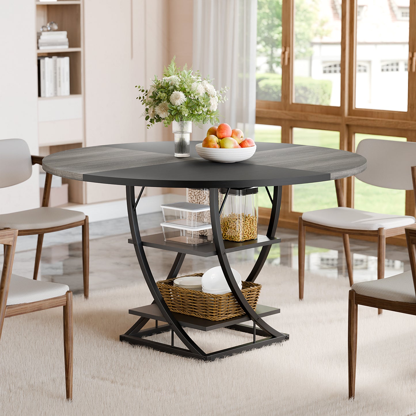Round Dining Table for 4-6, 47 inch Circle Kitchen Table with 2-Layer Storage Shelf, Modern Wood Dinner Table with Heavy Duty Pedestal for Dining Room, Farmhouse, Living Room, Kitchen, Black & Grey - BECOKOME