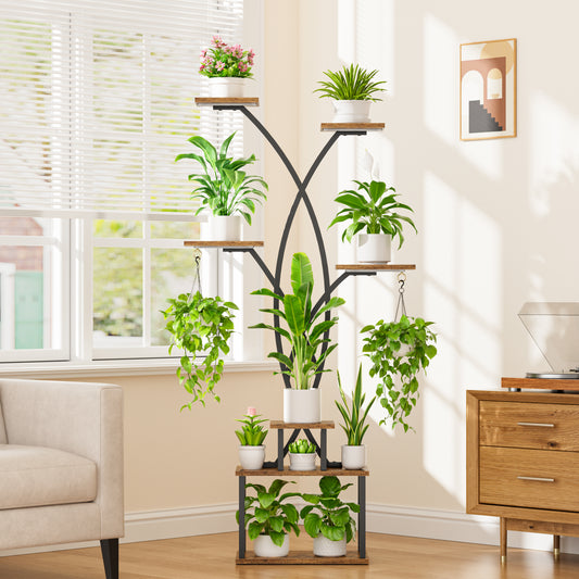 7 Tiered Large Plant Stand Indoor with Grow Lights, 66" Tall Tree-Shaped Metal Display Shelf - BECOKOME