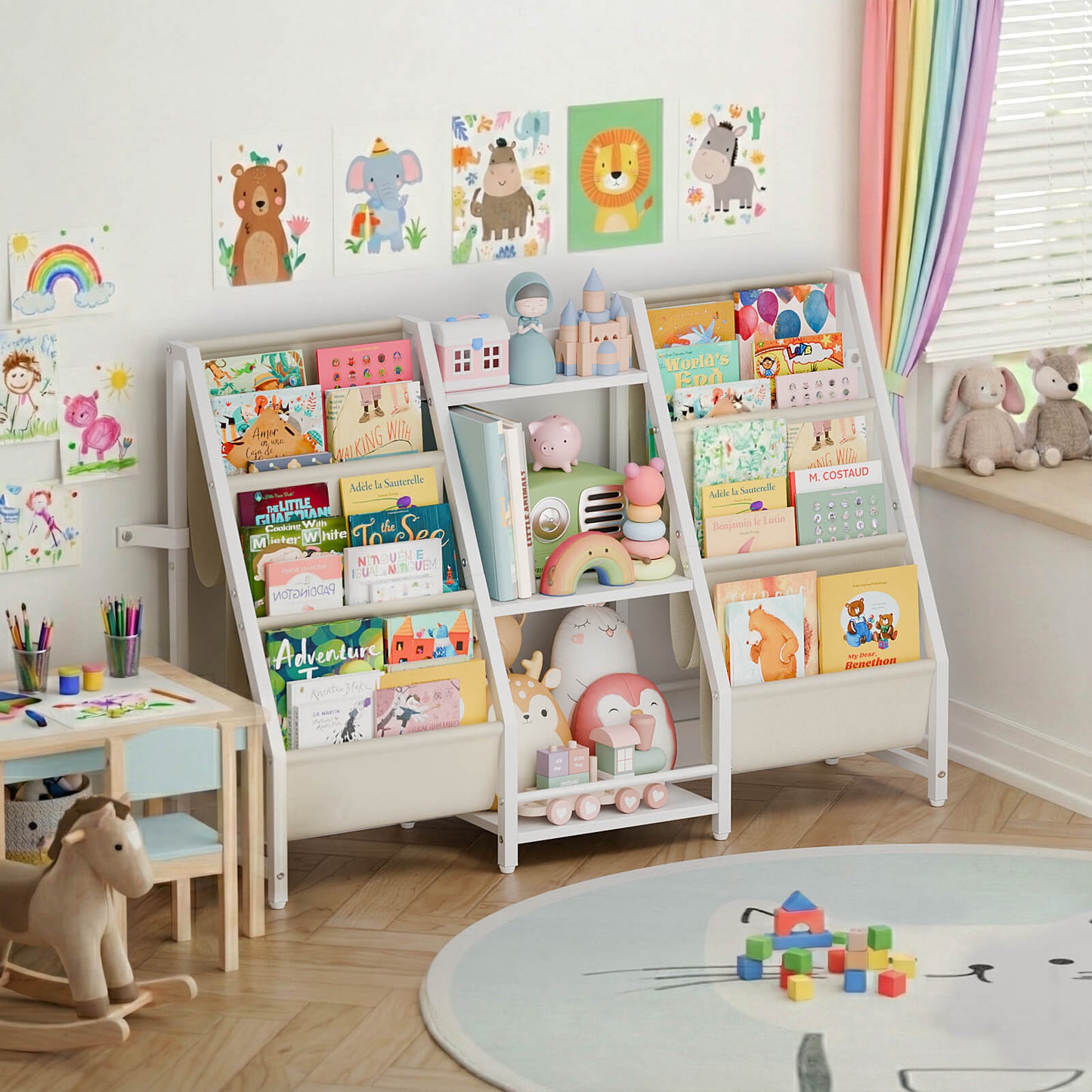 Kids Bookshelf Toy Storage Organizer - Book Shelf for Kids Rooms, 2 Sides Children Bookcase with 3 Tired Toy Storage Organizer, White Toddler Baby Bookshelf Book Shelves for Bedroom Nursery Playroom - BECOKOME