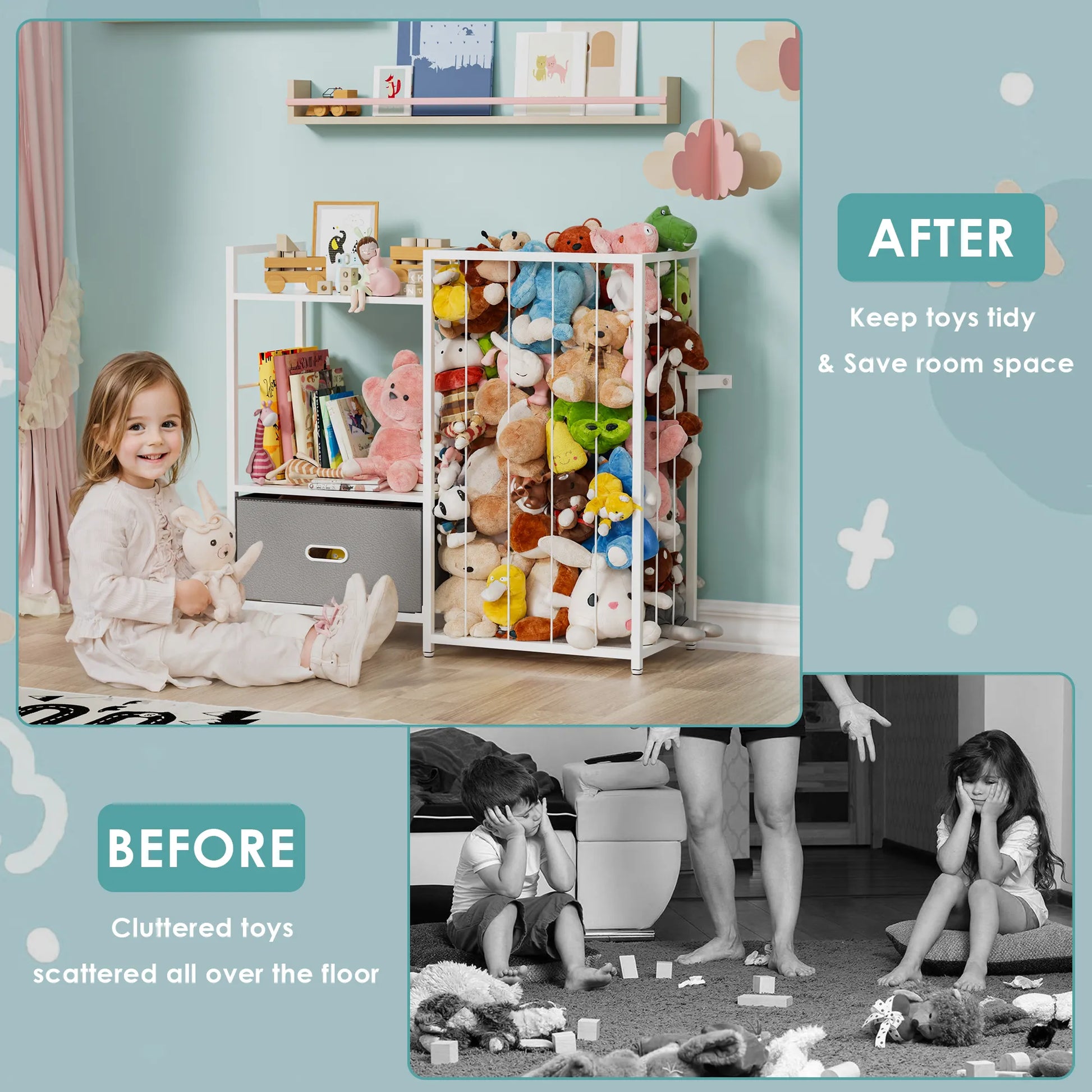 Kids Bookshelf and Storage Organizer - 3 Tier Book Shelf for Kid Rooms, Kids Bookcase with Box and Blackboard, Toddler Baby Childrens Bookshelf, for Bedroom Playroom Nursery Classroom (White) - BECOKOME