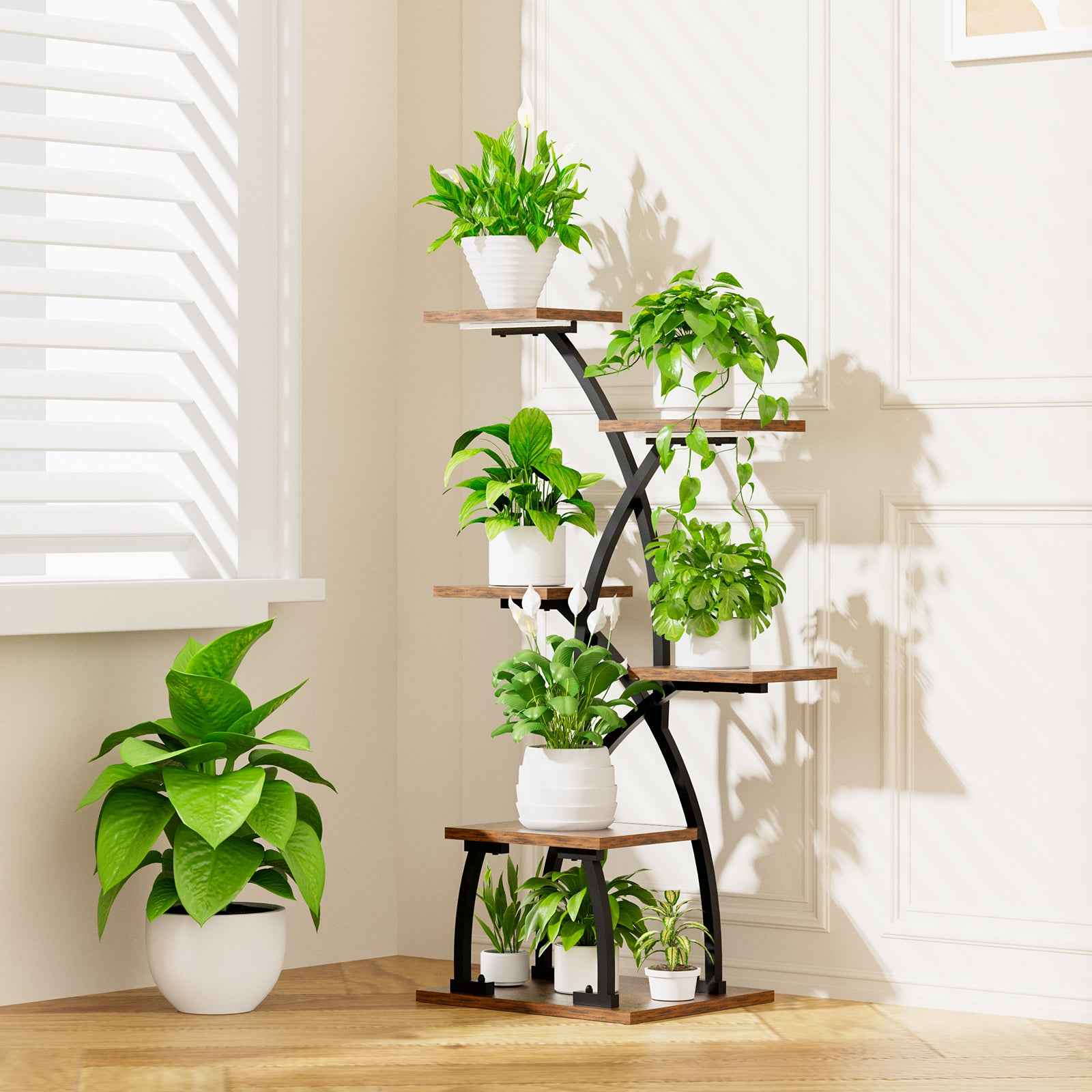 Plant Stand Indoor with Grow Lights - 6 Tiered Plant Shelf Indoor, 36“ Corner Plant Stands, Metal Curved Flower Holder Display Rack