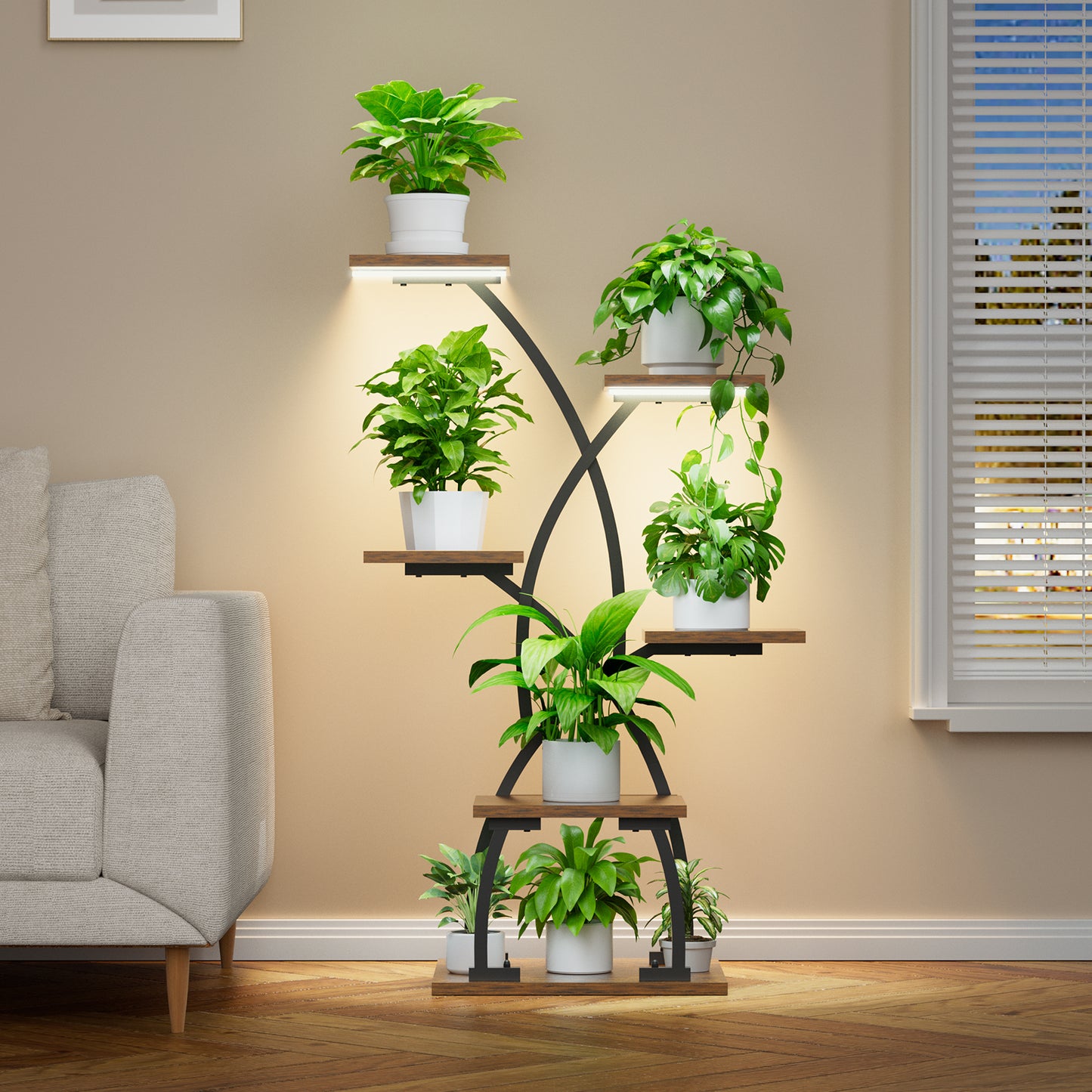 Plant Stand Indoor with Grow Lights - 6 Tiered Plant Shelf Indoor, 36“ Corner Plant Stands, Metal Curved Flower Holder Display Rack - BECOKOME
