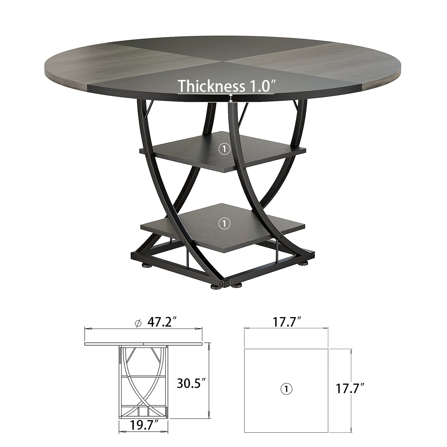 Round Dining Table for 4-6, 47 inch Circle Kitchen Table with 2-Layer Storage Shelf, Modern Wood Dinner Table with Heavy Duty Pedestal for Dining Room, Farmhouse, Living Room, Kitchen, Black & Grey - BECOKOME