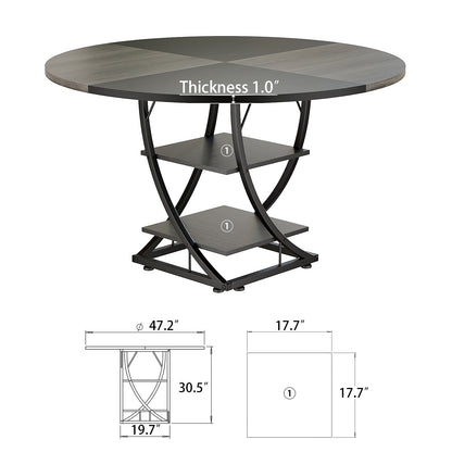 Round Dining Table for 4-6, 47 inch Circle Kitchen Table with 2-Layer Storage Shelf, Modern Wood Dinner Table with Heavy Duty Pedestal for Dining Room, Farmhouse, Living Room, Kitchen, Black & Grey - BECOKOME