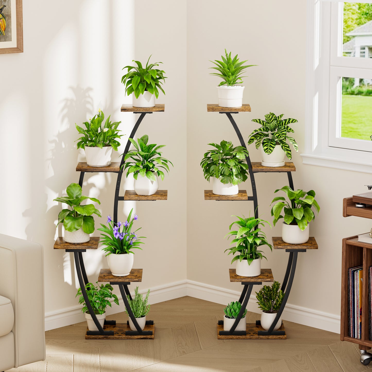 Plant Stand Indoor with Grow Lights, Plant Shelf Indoor 2 Pack, Corner Plant Stands for Indoor Plants, 6 Tiered Plant Flower Display Shelf, Half-Moon Plant Rack for Home, Living Room, Black - BECOKOME