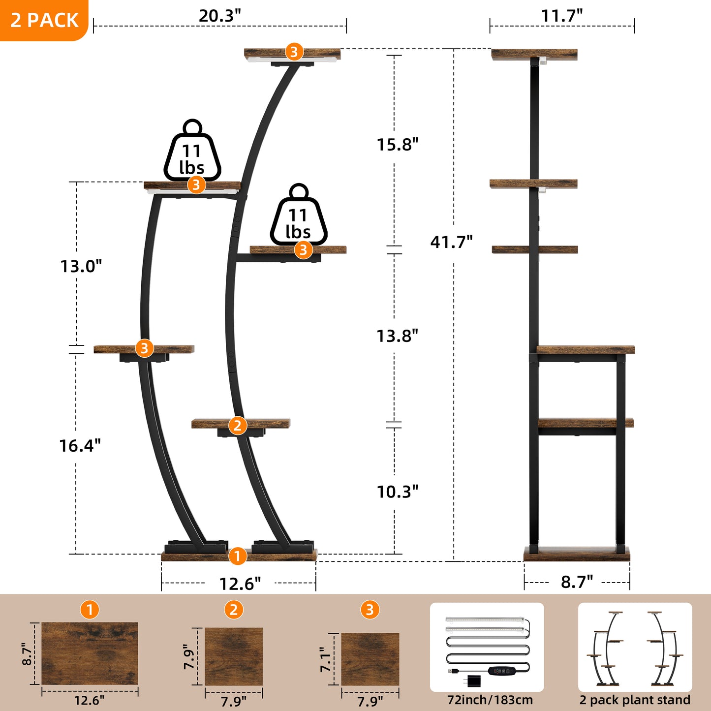Plant Stand Indoor with Grow Lights, Plant Shelf Indoor 2 Pack, Corner Plant Stands for Indoor Plants, 6 Tiered Plant Flower Display Shelf, Half-Moon Plant Rack for Home, Living Room, Black - BECOKOME