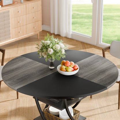 Round Dining Table for 4-6, 47 inch Circle Kitchen Table with 2-Layer Storage Shelf, Modern Wood Dinner Table with Heavy Duty Pedestal for Dining Room, Farmhouse, Living Room, Kitchen, Black & Grey - BECOKOME