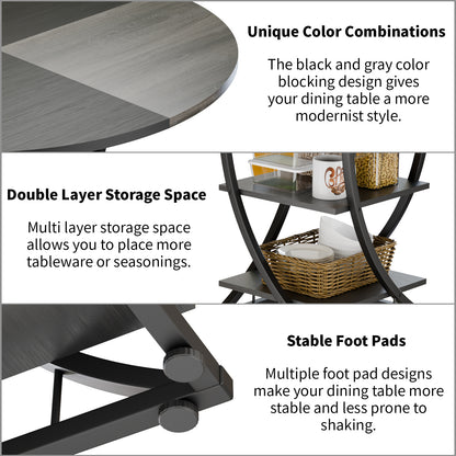 Round Dining Table for 4-6, 47 inch Circle Kitchen Table with 2-Layer Storage Shelf, Modern Wood Dinner Table with Heavy Duty Pedestal for Dining Room, Farmhouse, Living Room, Kitchen, Black & Grey - BECOKOME