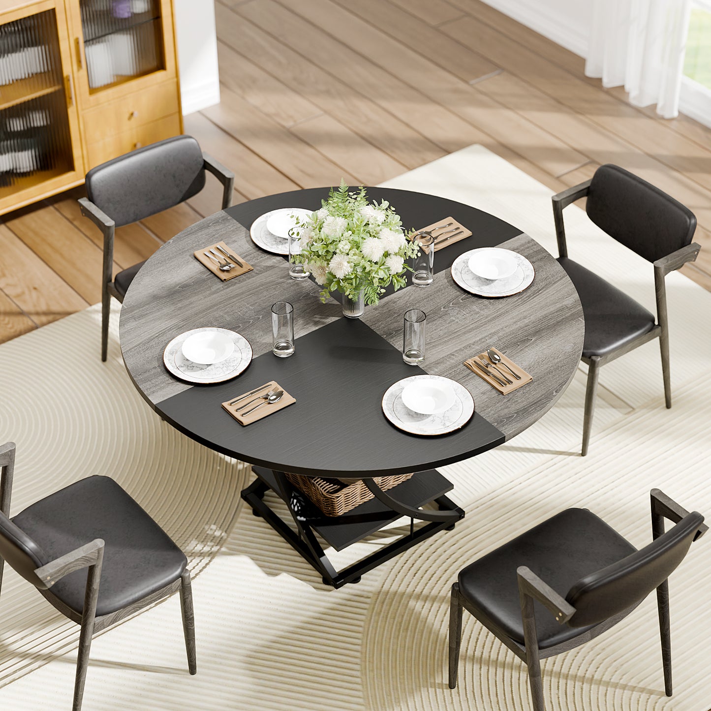 Round Dining Table for 4-6, 47 inch Circle Kitchen Table with 2-Layer Storage Shelf, Modern Wood Dinner Table with Heavy Duty Pedestal for Dining Room, Farmhouse, Living Room, Kitchen, Black & Grey - BECOKOME