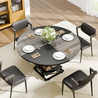 Round Dining Table for 4-6, 47 inch Circle Kitchen Table with 2-Layer Storage Shelf, Modern Wood Dinner Table with Heavy Duty Pedestal for Dining Room, Farmhouse, Living Room, Kitchen, Black & Grey - BECOKOME