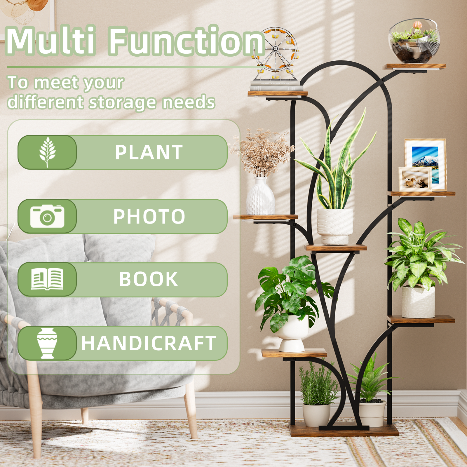 POZILAN Plant Stand Indoor with Grow Light, 55.6" Corner Plant Shelf Indoor, 8 Tiered Tall Plant Stands for Indoor Plants Display Rack Holder, Flower Stand for Balcony, Living Room, Patio - BECOKOME