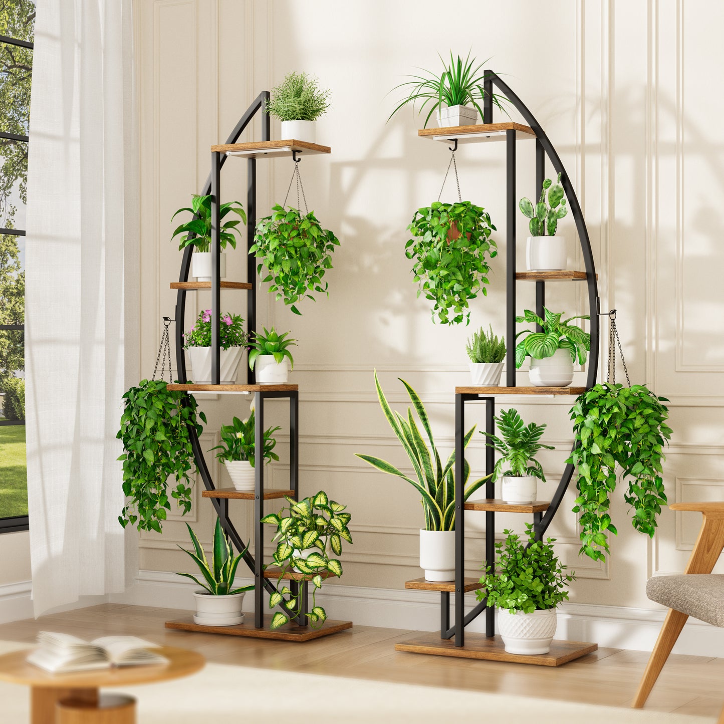 BECOKOME Plant Stand Indoor with Grow Lights, 63" Tall 6-Tiered Lighted Plant Shelf, 2 Pack Metal Corner Plant Holder, Curved Flower Display Stand - BECOKOME