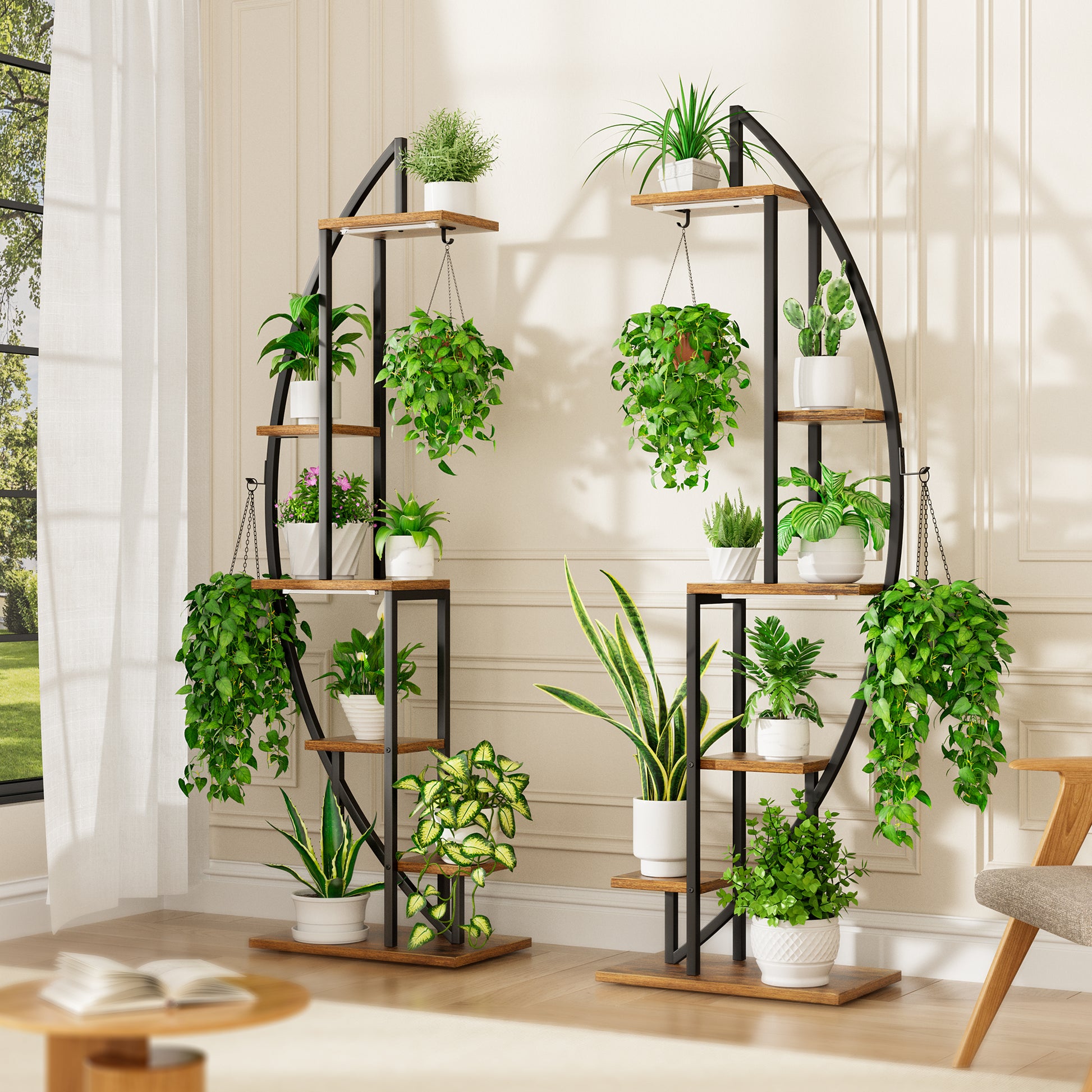 BECOKOME Plant Stand Indoor with Grow Lights, 63" Tall 6-Tiered Lighted Plant Shelf, 2 Pack Metal Corner Plant Holder, Curved Flower Display Stand - BECOKOME