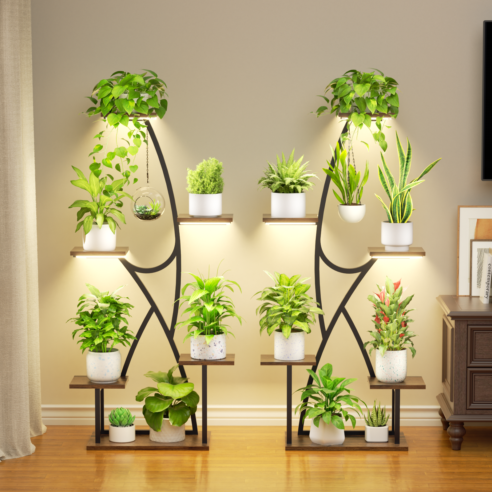 BECOKOME 6 Tier Tall Corner Plant Stand Indoor 2 Pack Metal Plant Shelf with 2 Hooks Plant Rack Display Holder for Indoor Plants - BECOKOME