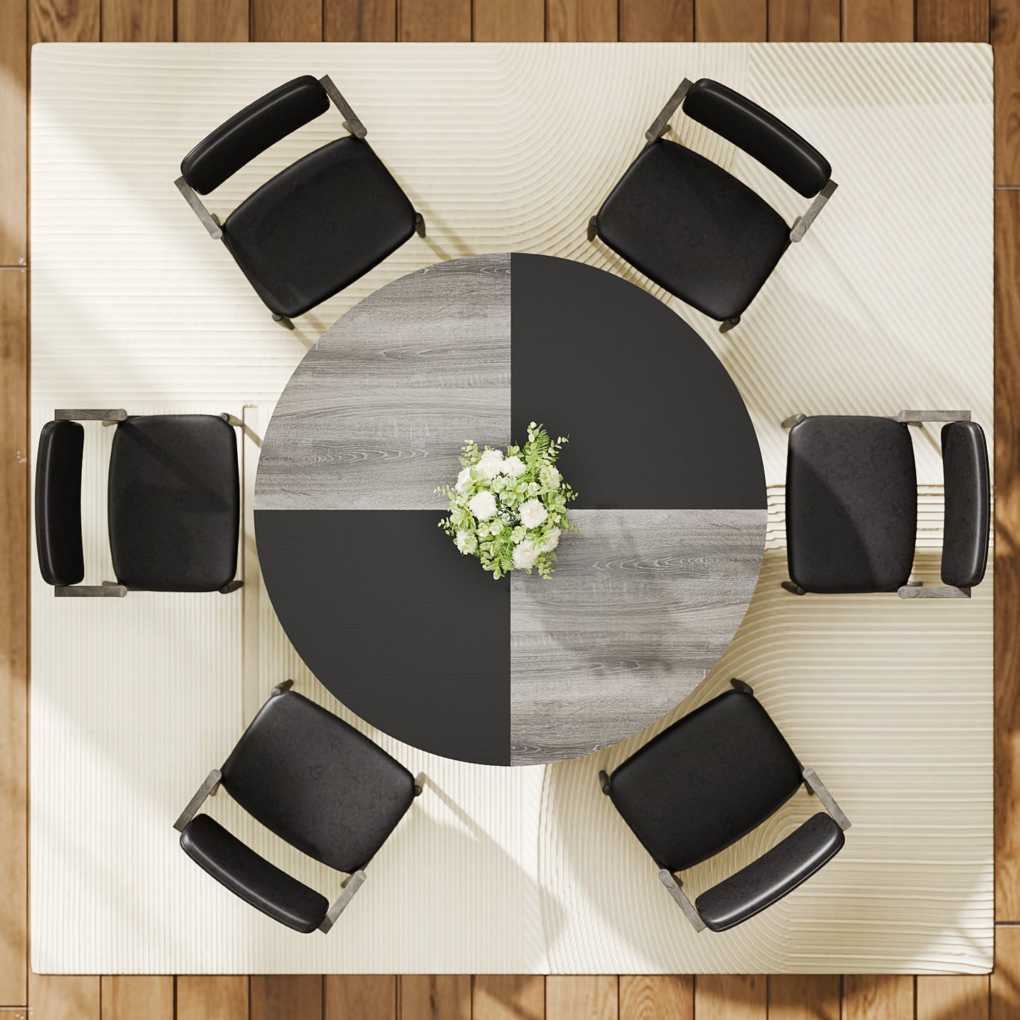 Round Dining Table for 4-6, 47 inch Circle Kitchen Table with 2-Layer Storage Shelf, Modern Wood Dinner Table with Heavy Duty Pedestal for Dining Room, Farmhouse, Living Room, Kitchen, Black & Grey - BECOKOME