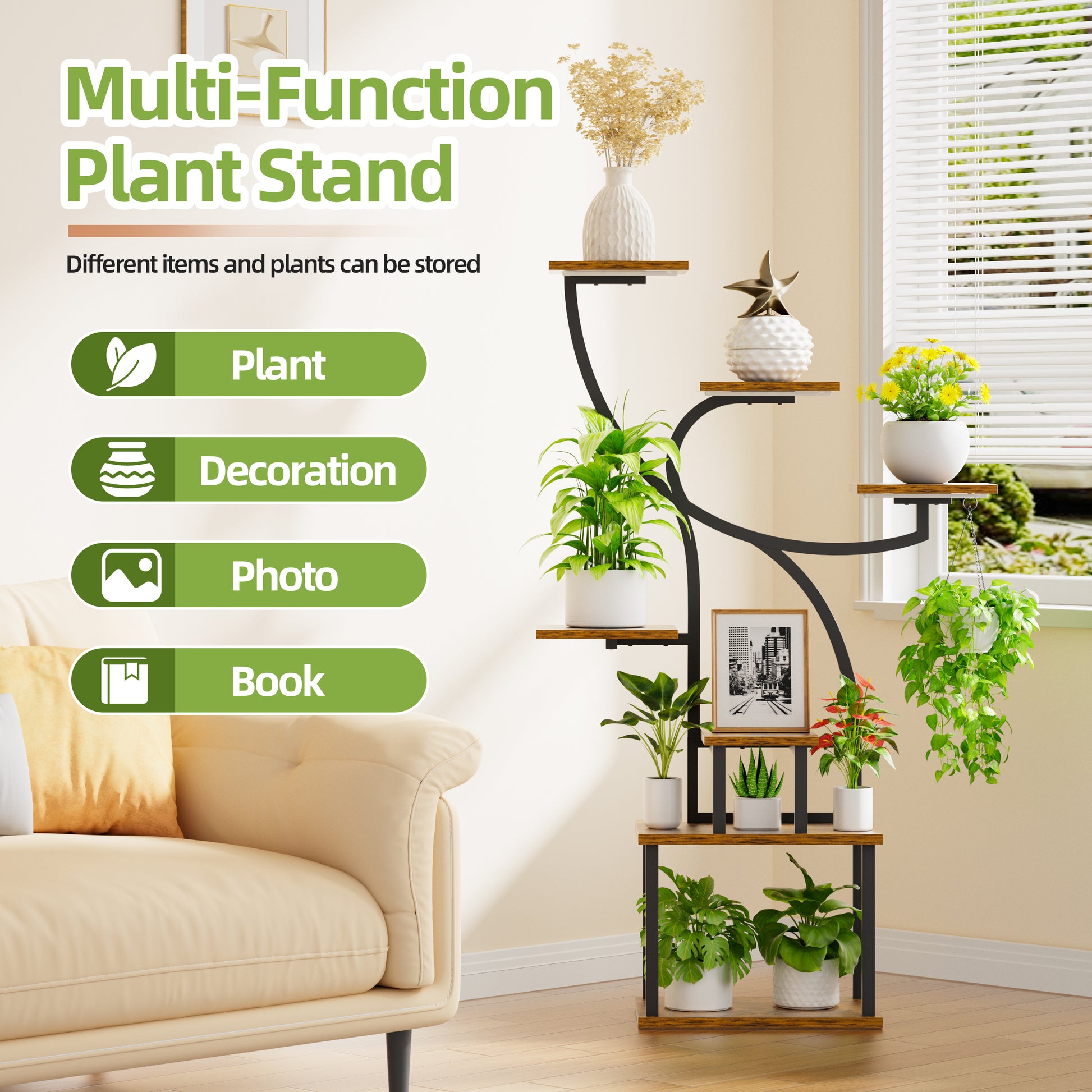 Plant Stand Indoor with Grow Light, 47" Corner Plant Stand for Indoor Plants, 7 Tiered Tall Plant Shelf Indoor Flower Stand Plant Rack - BECOKOME
