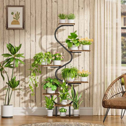 Plant Stand Indoor with Grow Lights - Tall Corner Plant Shelf, 7 Tiered Plant Stands for Indoor Plants, Metal Flower Plant Rack, Curved-Shaped Inoor Plant Holder for Living Room - BECOKOME