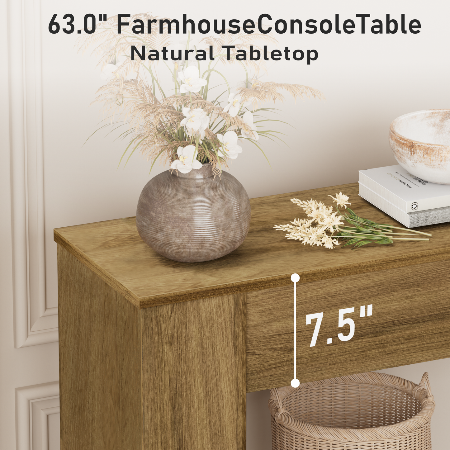 63" Long Console Table, Wood Entryway Table Behind The Couch, Rectangular Farmhouse Sofa Table with Heavy Duty Legs, Accent Furniture for Living Room, Entrance, Hallway, Foyer, Brown - BECOKOME