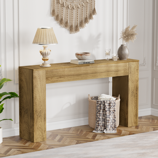 63" Long Console Table, Wood Entryway Table Behind The Couch, Rectangular Farmhouse Sofa Table with Heavy Duty Legs, Accent Furniture for Living Room, Entrance, Hallway, Foyer, Brown - BECOKOME