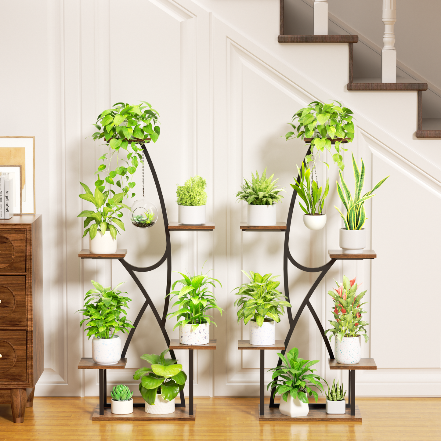 BECOKOME 6 Tier Tall Corner Plant Stand Indoor 2 Pack Metal Plant Shelf with 2 Hooks Plant Rack Display Holder for Indoor Plants - BECOKOME